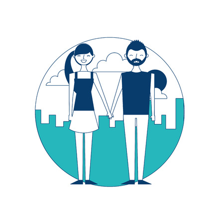 Happy copule holding hands with urban background vector illustration green and blue designのイラスト素材