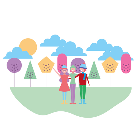 people embraced wearing warm clothes in the natural trees landscape vector illustrationのイラスト素材