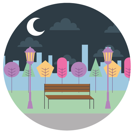 landscape night view park bench trees lamps urban round design vector illustration のイラスト素材