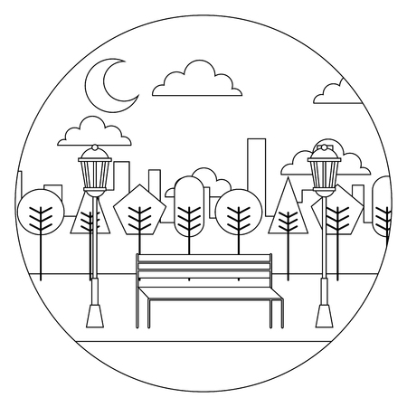 landscape night view park bench trees lamps urban round design vector illustration  thin lineのイラスト素材