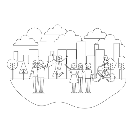 people making differents acitivites in the park urban landscape vector illustration thin lineのイラスト素材