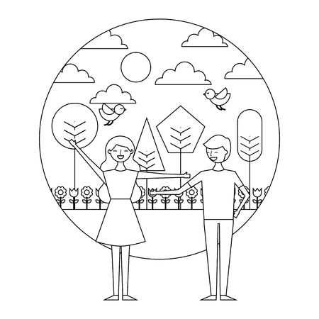 happy couple standing in the park spring flowers birds trees vector illustration thin lineのイラスト素材