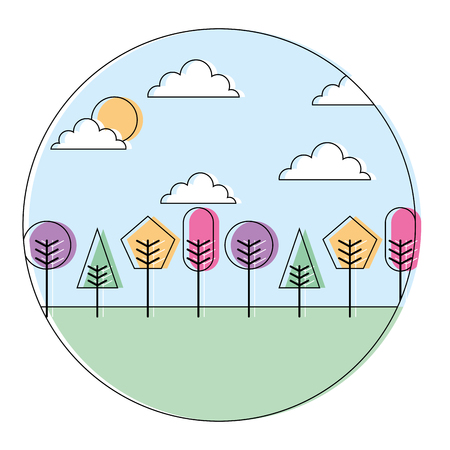 landscape natural trees and clouds with geometrical shape round design vector illustrationのイラスト素材