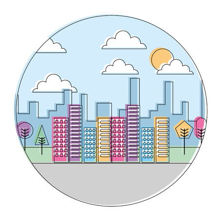 landscape city buildings urban panorama with trees round design vector illustrationのイラスト素材