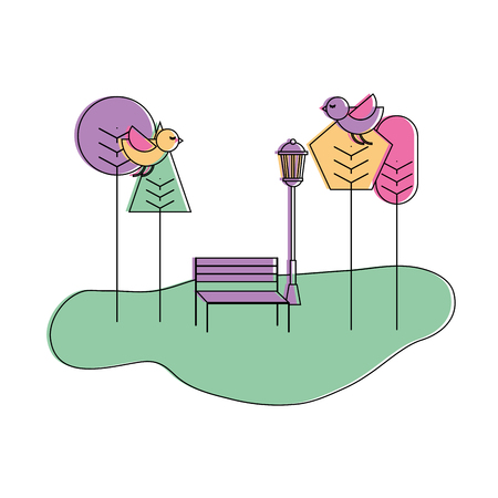park bench trees birds natural spring landscape vector illustrationのイラスト素材
