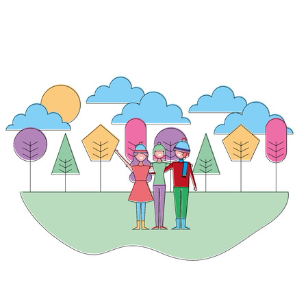 people embraced wearing warm clothes in the natural trees landscape vector illustrationのイラスト素材