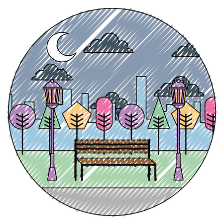 Night view of park with bench, trees and clouds round design vector illustration.のイラスト素材
