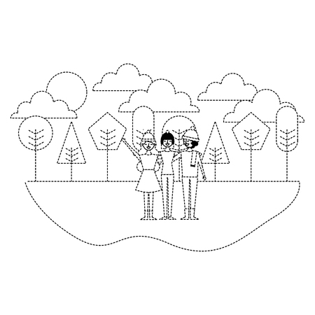 People embracing each other wearing warm clothes with trees and clouds in the background vector illustration dotted line imageのイラスト素材