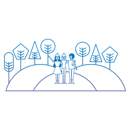 People friends standing in hills natural trees landscape vector illustration degrade color imageのイラスト素材
