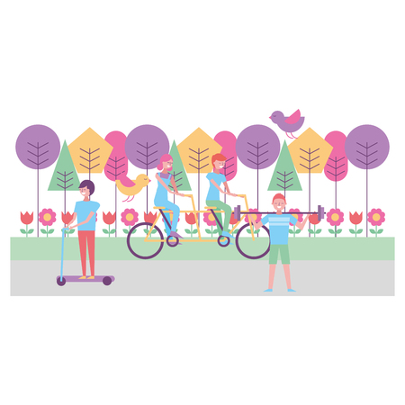People riding tandem skate and lifting weight in the park vector illustrationのイラスト素材