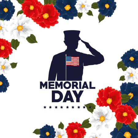 Happy memorial day with beautiful flowers and soldier silhouette vector illustrationのイラスト素材