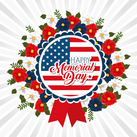 Happy memorial day with beautiful flowers and USA flags vector illustration designのイラスト素材