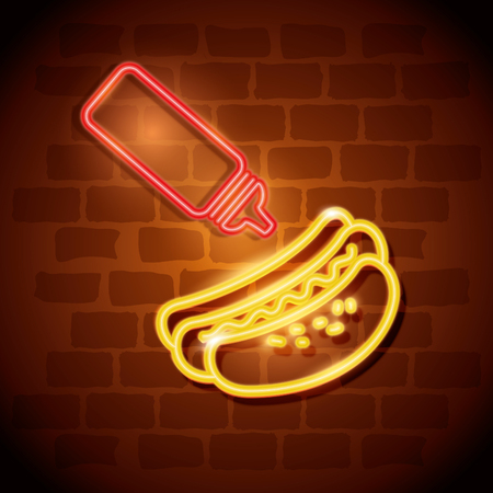 fast food hot dog neon label vector illustration designのイラスト素材