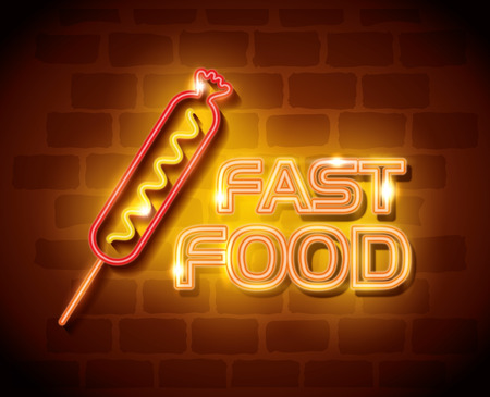 fast food sausage neon label vector illustration designのイラスト素材