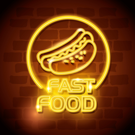 fast food hot dog neon label vector illustration designのイラスト素材