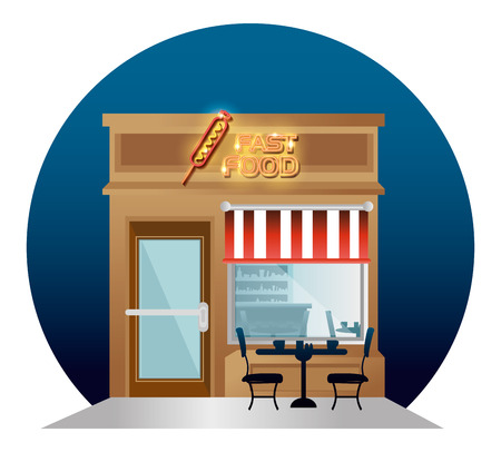 fast food facade building with neon label vector illustration designのイラスト素材
