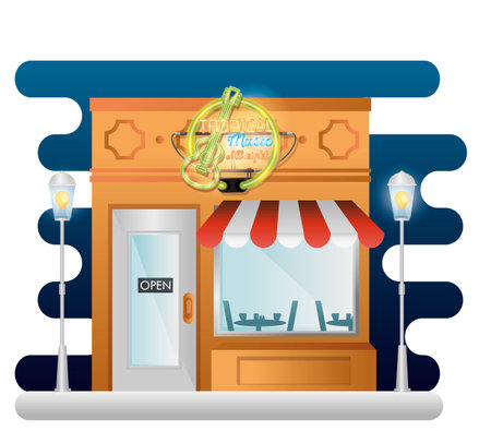 bar tropical music building facade with neon label vector illustration designのイラスト素材