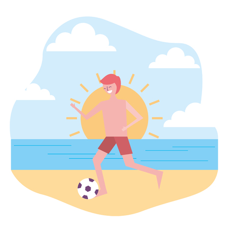 young man in swimsuit playing with ball in the beach vector illustrationのイラスト素材