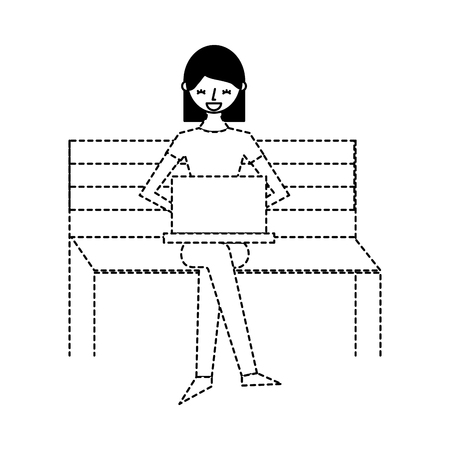 young woman sitting on bench with her laptop vector illustration dotted lineのイラスト素材
