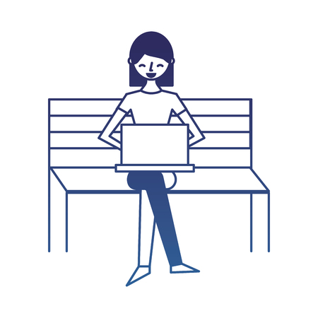 young woman sitting on bench with her laptop vector illustration degraded blueのイラスト素材