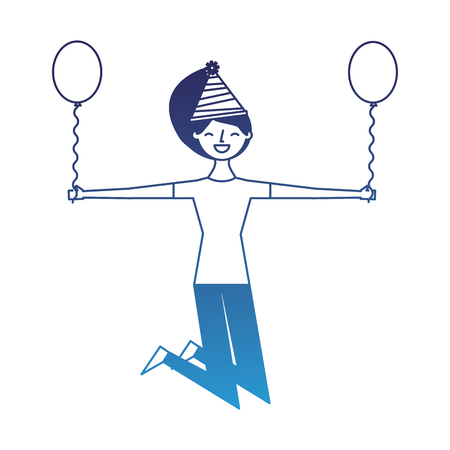 happy jumping woman with party hat holding balloon vector illustration degraded blueのイラスト素材