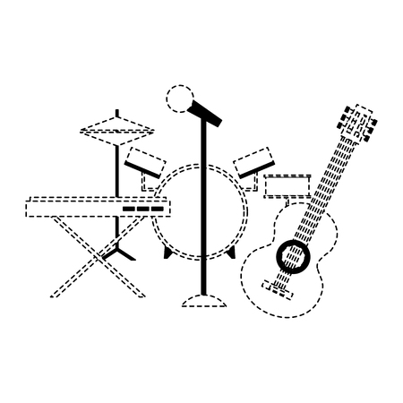 musical instruments saxophone synthesizer guitar battery microphone vector illustration dotted lineのイラスト素材