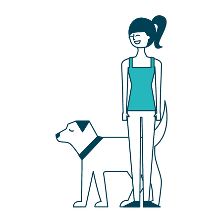 young woman walking with her dog pet vector illustration green designのイラスト素材