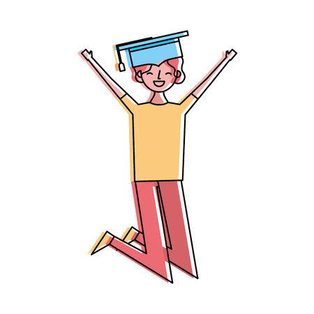 cartoon character young graduate woman jump from happiness vector illustrationのイラスト素材