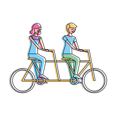 cute happy couple riding in tandem bike recreation vector illustrationのイラスト素材