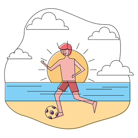 young man in swimsuit playing with ball in the beach vector illustrationのイラスト素材