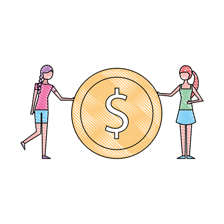 two young woman holding big dollar coin currency vector illustration drawing colorのイラスト素材
