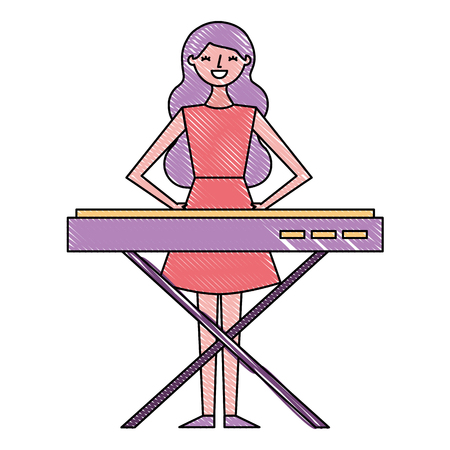cute cartoon happy woman playing synthesizer vector illustration drawing colorのイラスト素材