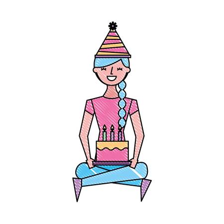 happy girl sitting in floor with birthday cake vector illustration drawing colorのイラスト素材