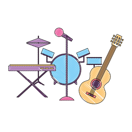 musical instruments saxophone synthesizer guitar battery microphone vector illustration drawing colorのイラスト素材