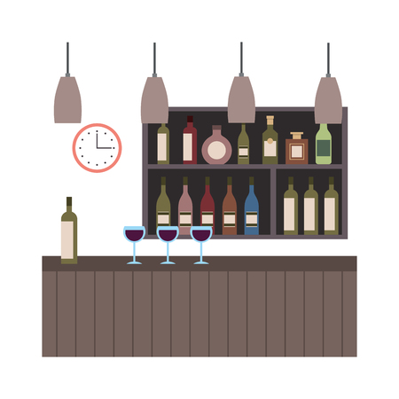 bar restaurant interior shelf counter beverage alcohol and glass cups vector illustrationのイラスト素材