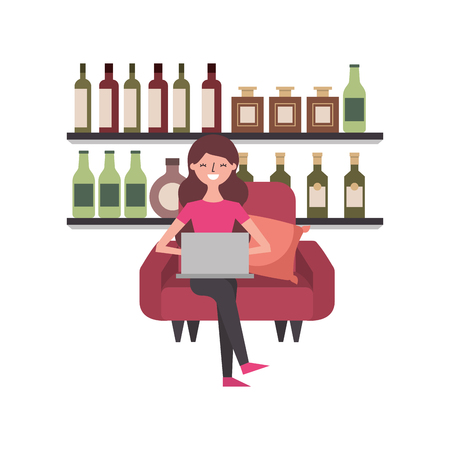 happy woman sitting in the sofa laptop and shelf with bottle glass beverages vector illustrationのイラスト素材