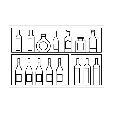 shelving furniture with different glass bottles beverages alcohol vector illustration outline designのイラスト素材