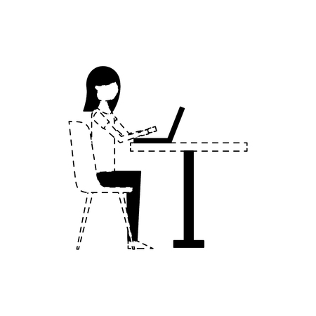 cute woman sitting in the chair typing laptop on table vector illustration dotted line designのイラスト素材