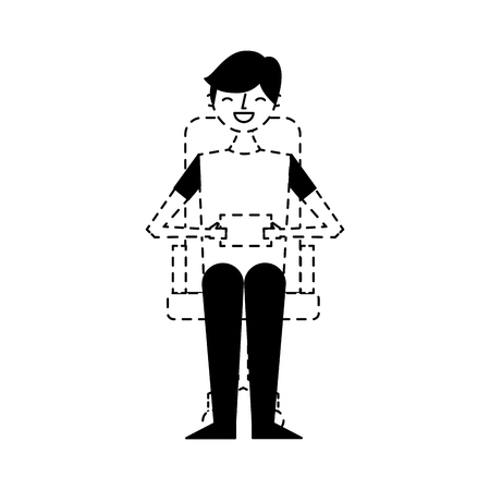 smiling young man sitting in the chair with mobile in hands vector illustration dotted line designのイラスト素材