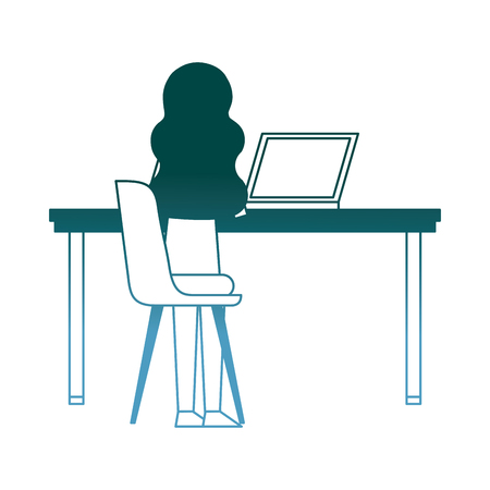 people sitting on chair desk computer workspace vector illustration gradient color designのイラスト素材