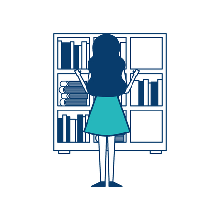 bookshelf young woman choosing a book back view vector illustration green and blue designのイラスト素材