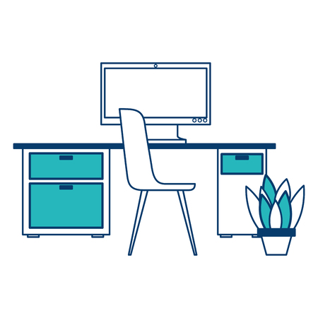 workspace office desk computer chair potted plant vector illustration green and blue designのイラスト素材