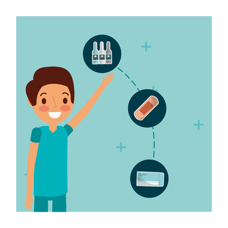 doctor medical character packaging pills bandage and bottles medicine vector illustrationのイラスト素材