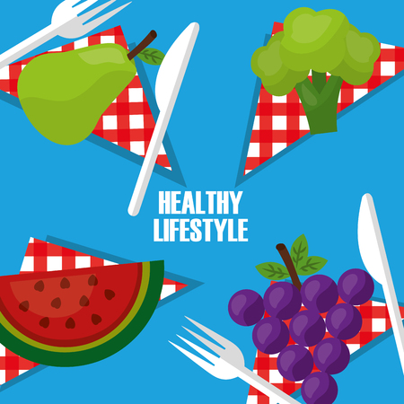 healthy lifestyle fruits on table napkin fork knife vector illustrationのイラスト素材