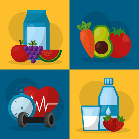 healthy lifestyle set fitness sport fruit vegetables vector illustrationのイラスト素材