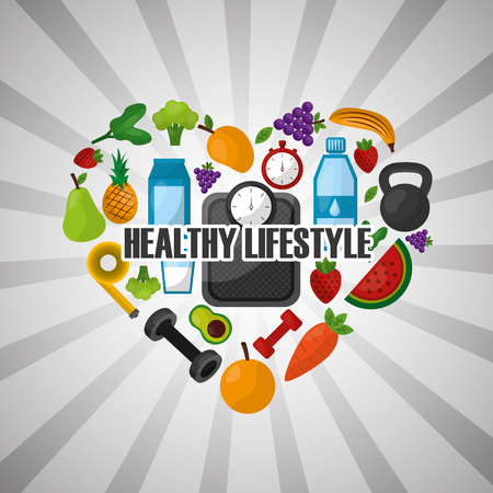 healthy lifestyle heart shaped fruit fitness sport tools vector illustrationのイラスト素材