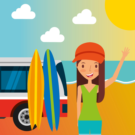 girl waving hand van surfing board in the beach traveling vacation vector illustrationのイラスト素材