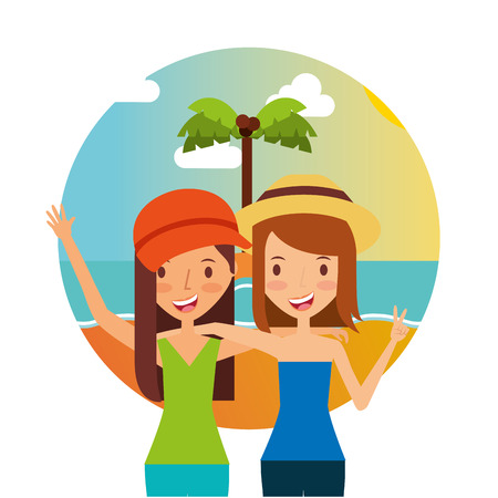 happy women hugging in the beach summer vacations vector illustrationのイラスト素材