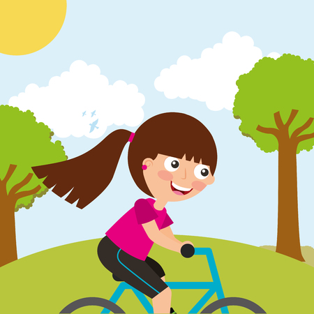 cute little girl riding bike sport in landscape vector illustrationのイラスト素材