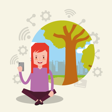 woman sitting on the floor with crossed legs holding smartphone vector illustrationのイラスト素材